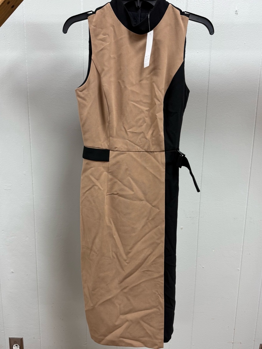 White House Black Market Tan and Black Midi Sheath Dress